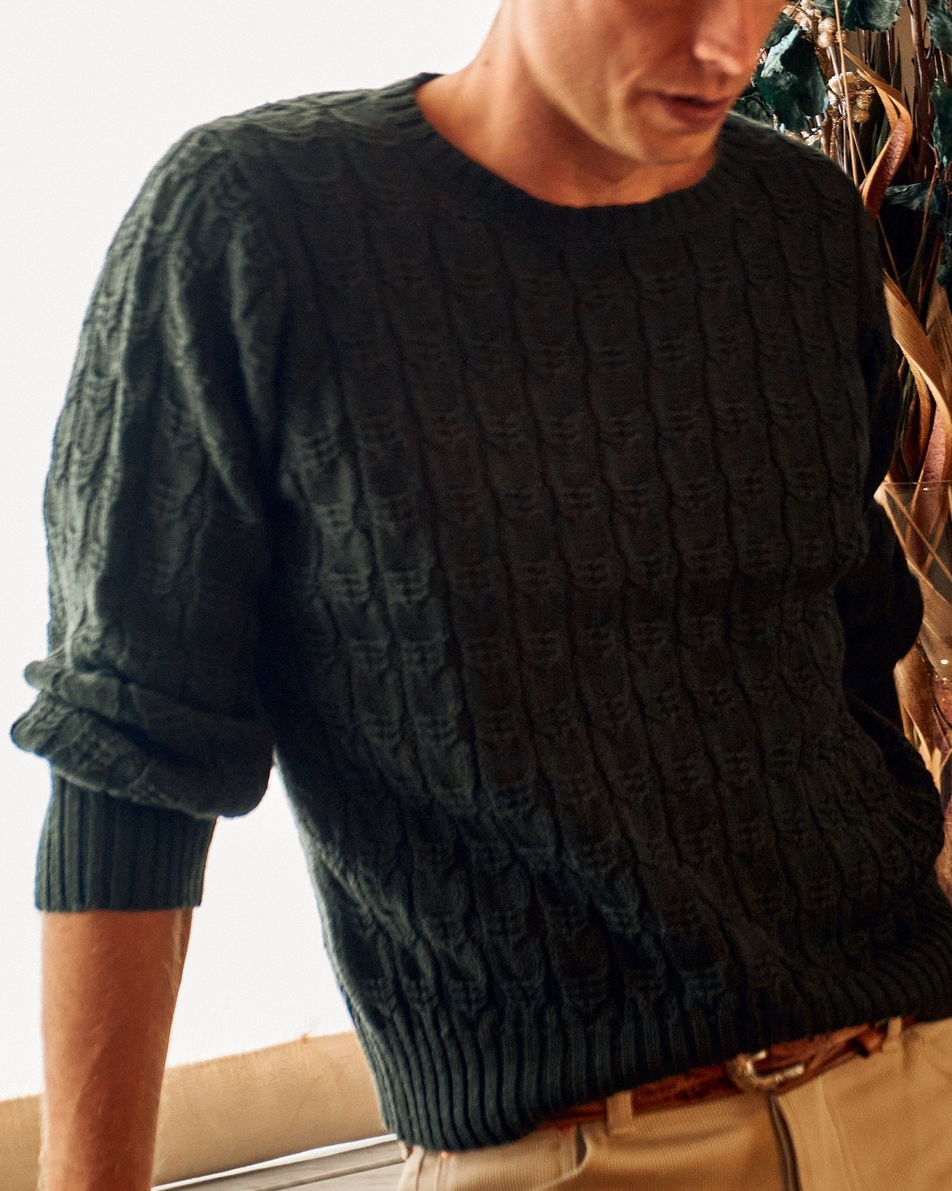 Highland Cableknit Crewneck Sweater | Evergreen