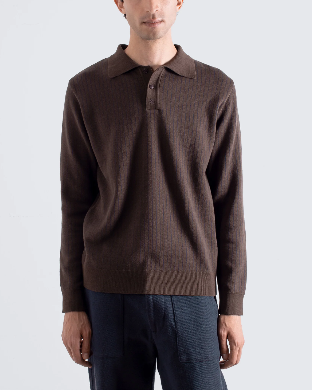 Benny Knitted Polo | Brown/Navy Pinstripe