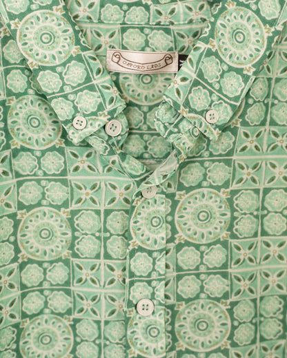 Short Sleeve Cotton Silk| Green Block Print
