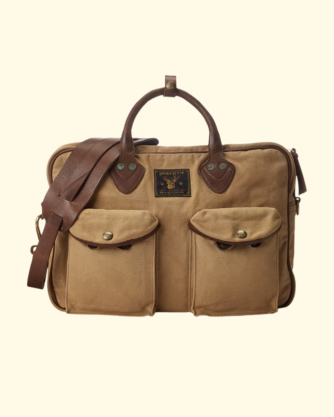 Leather-Trim Canvas Briefcase | Khaki