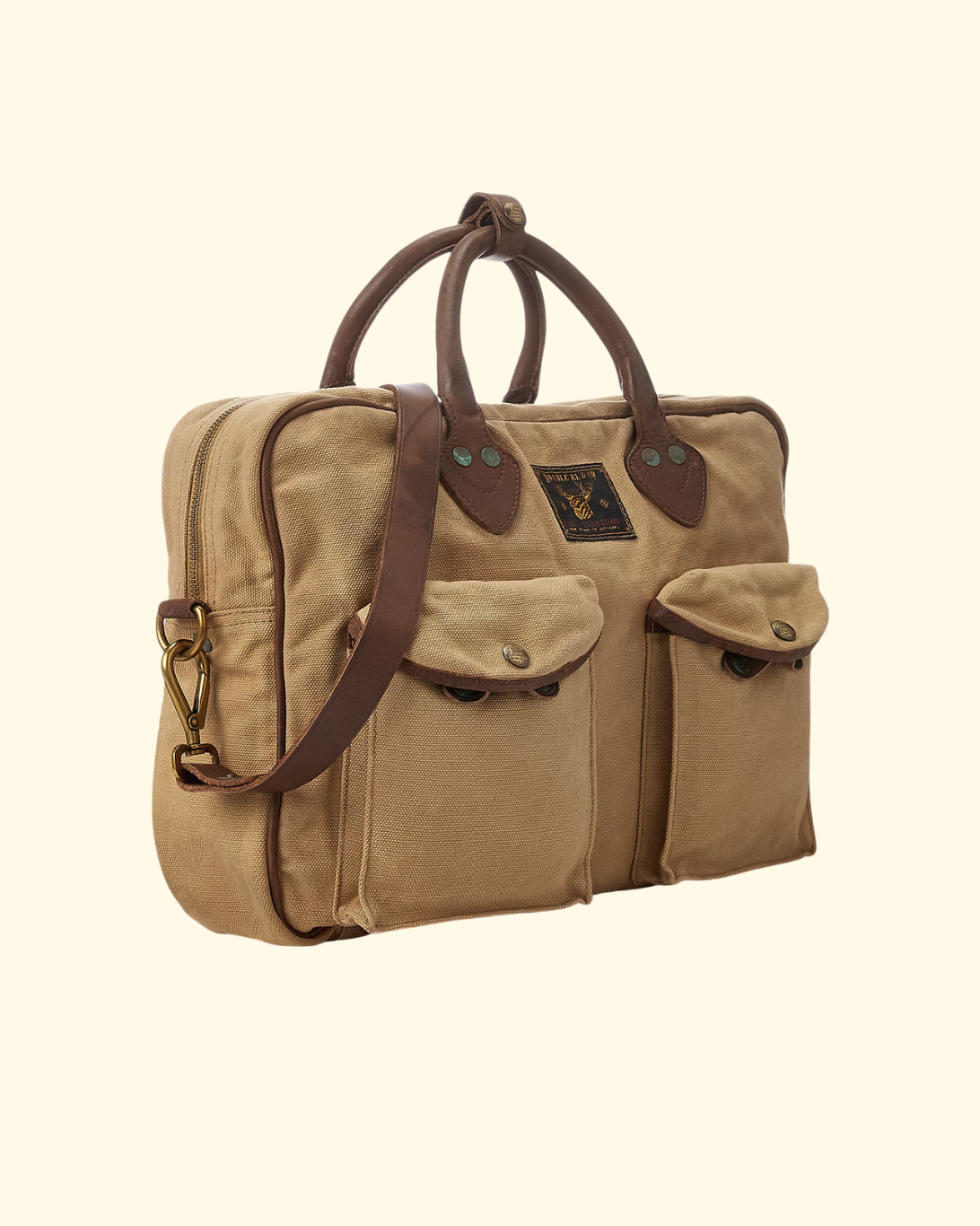 Leather-Trim Canvas Briefcase | Khaki