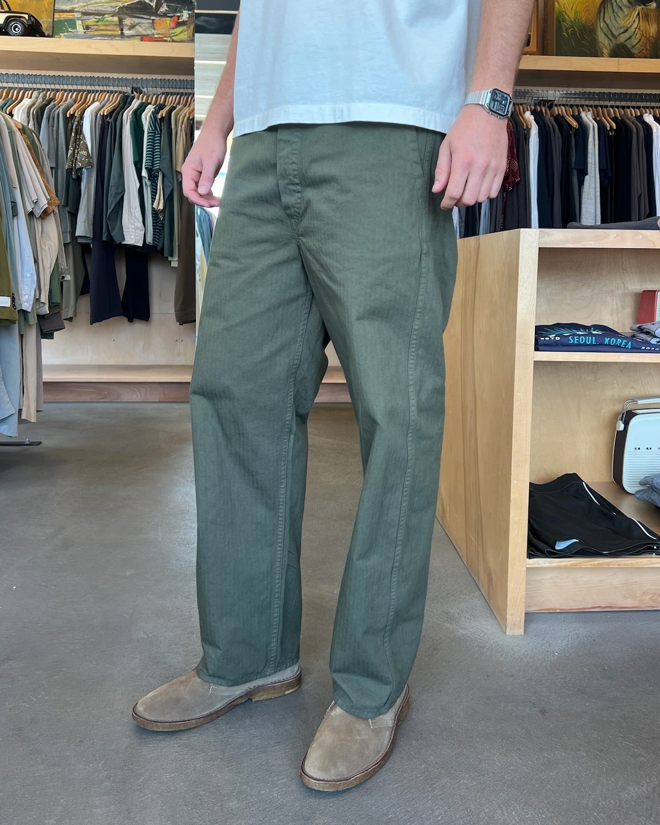 Wide Fit French Work Pant Herringbone | Olive