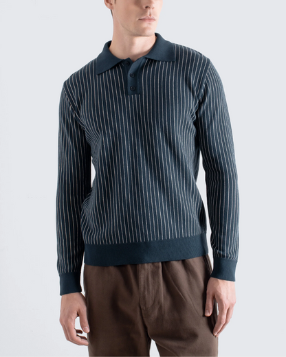 Benny Knitted Polo | Navy/White Pinstripe