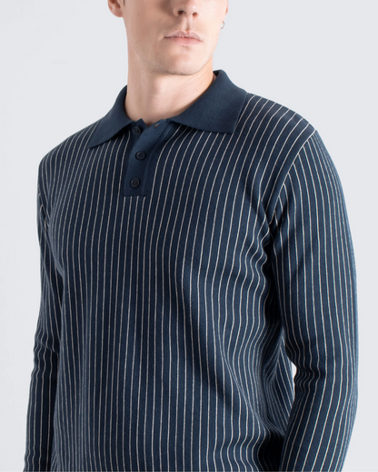 Benny Knitted Polo | Navy/White Pinstripe