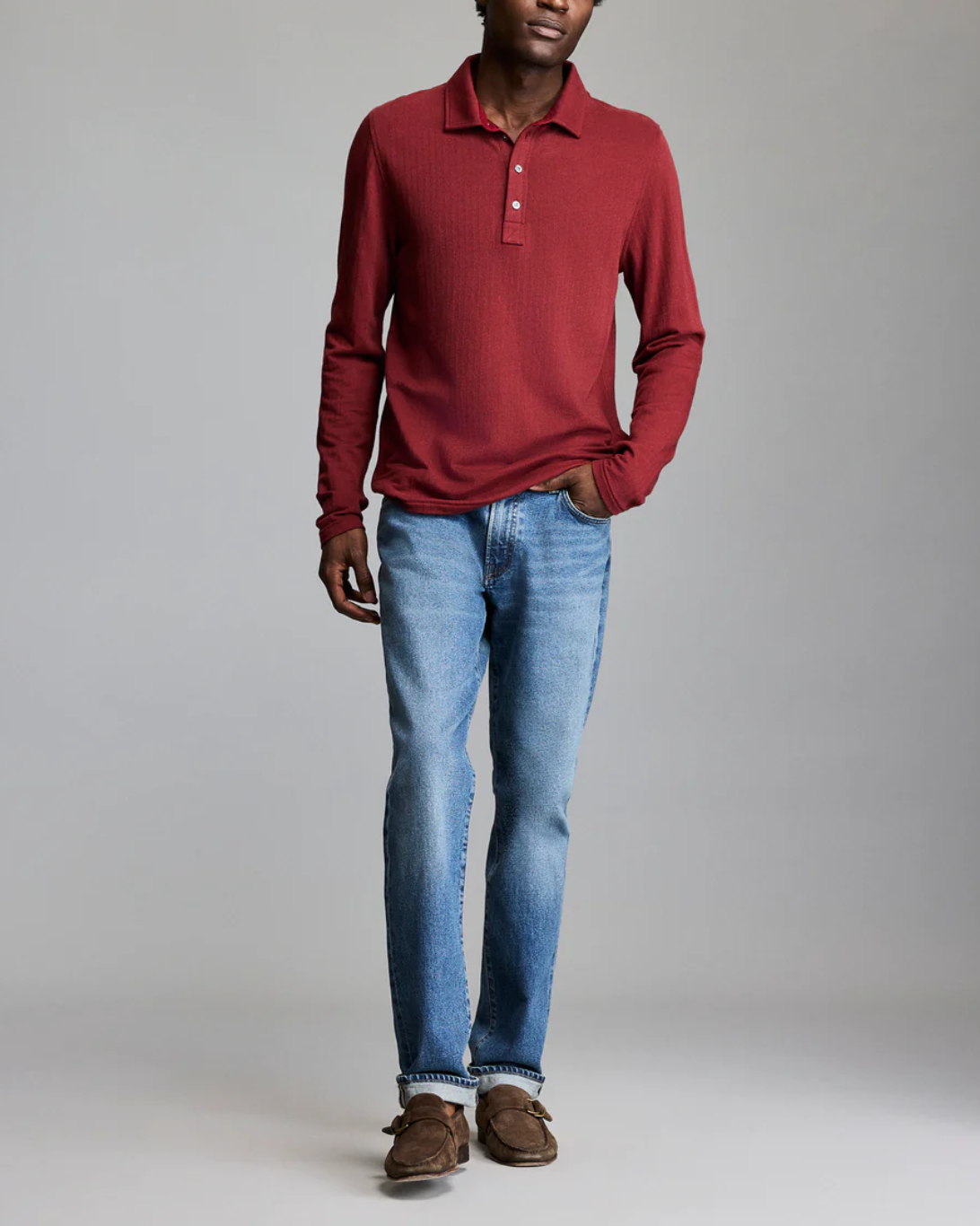 Long-Sleeve Herringbone Polo | Syrah