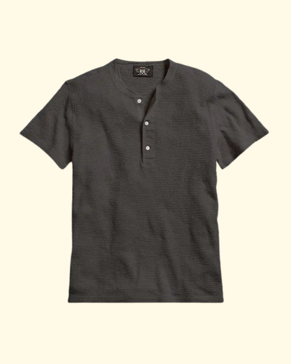 Short Sleeve Cotton Waffle Knit Henley | Faded Black
