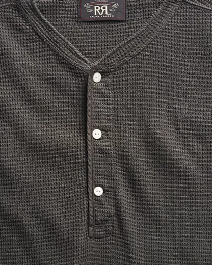 Short Sleeve Cotton Waffle Knit Henley | Faded Black