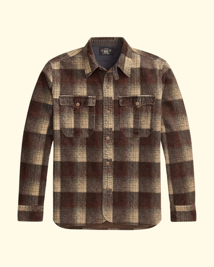 Plaid-Print Corduroy Workshirt | Brown Grey