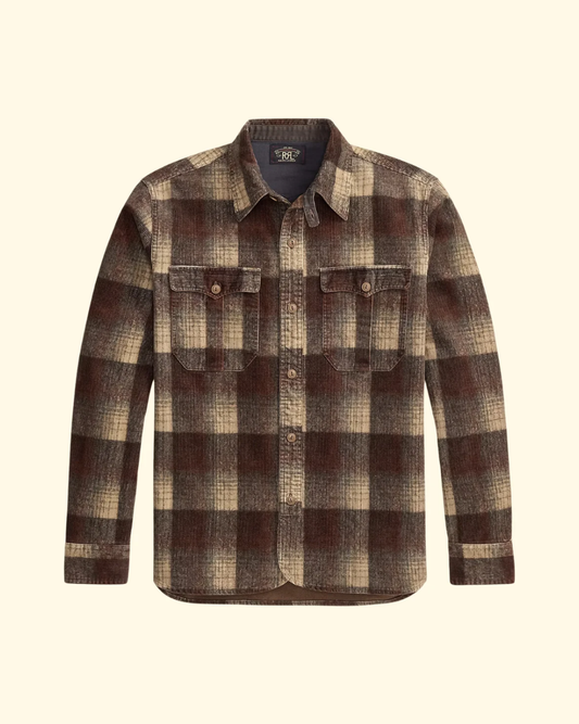 Plaid-Print Corduroy Workshirt | Brown Grey