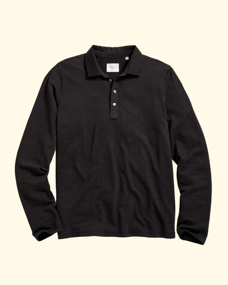 Long-Sleeve Herringbone Polo | Black