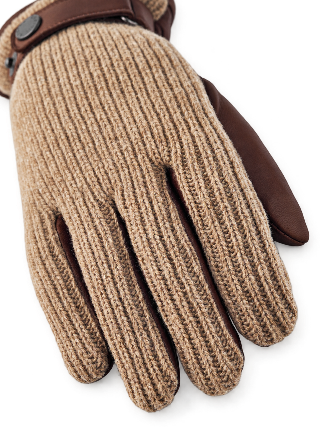 Hestra Christopher light brown knit detail, AI-edited background