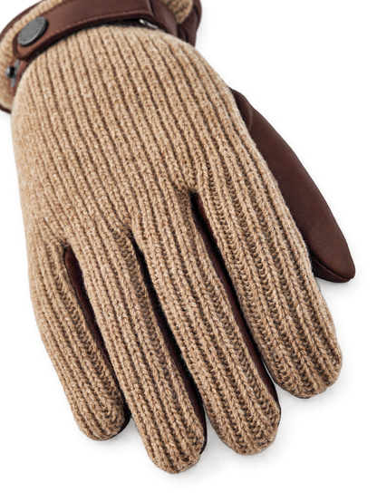 Hestra Christopher light brown knit detail, AI-edited background