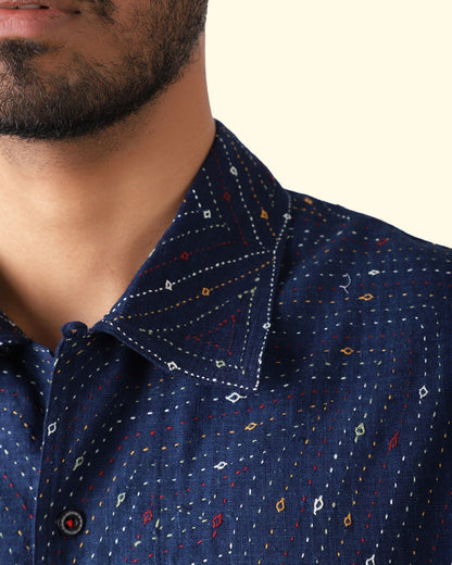 Lamar SS Shirt | Blue Rabari Kantha Embroidery